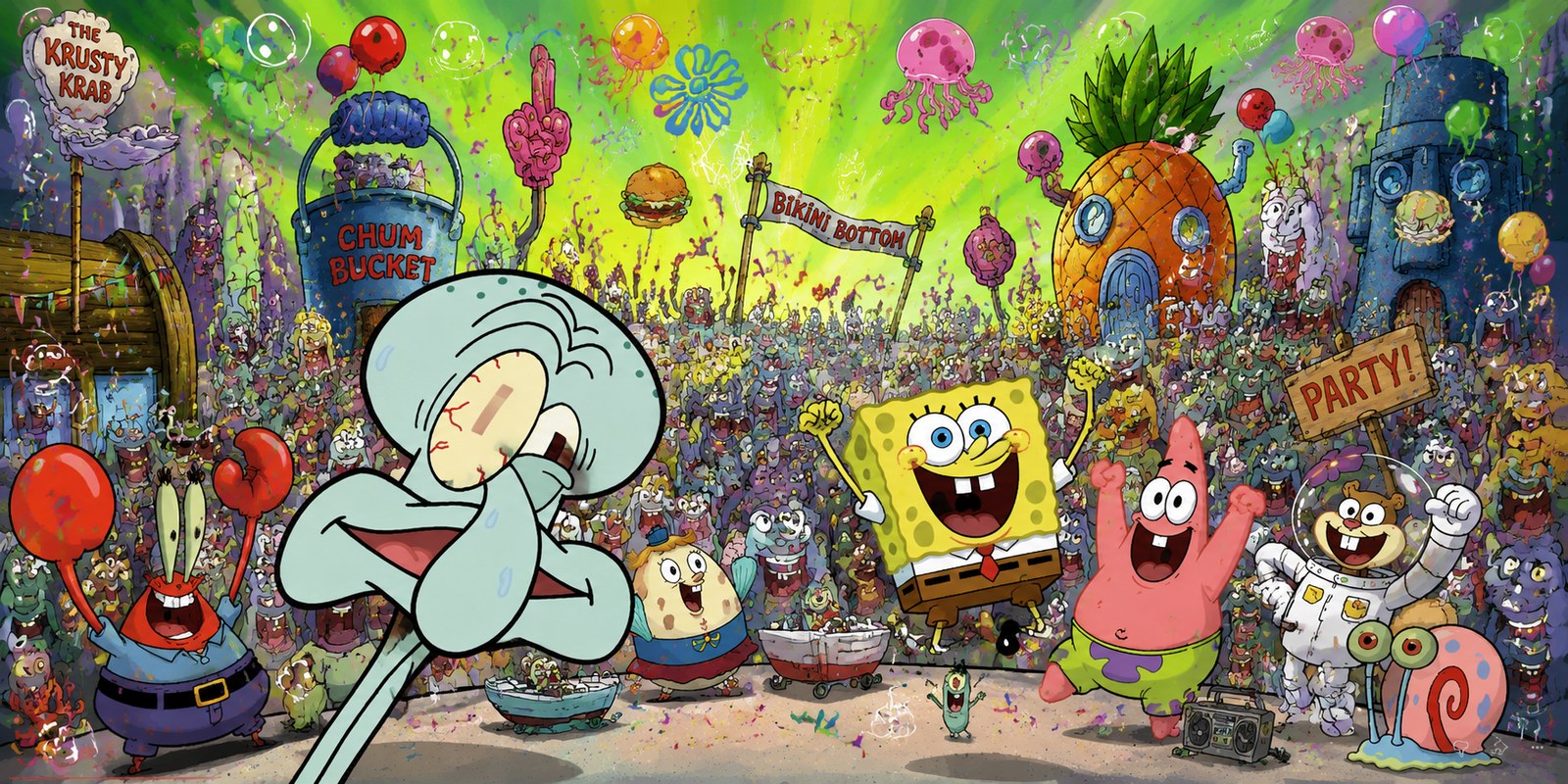 A crowded underwater street party with one very unhappy face in the foreground